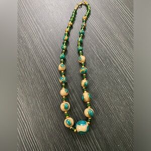 Handcrafted Beige and Teal Beaded Necklace - Women Jewelry